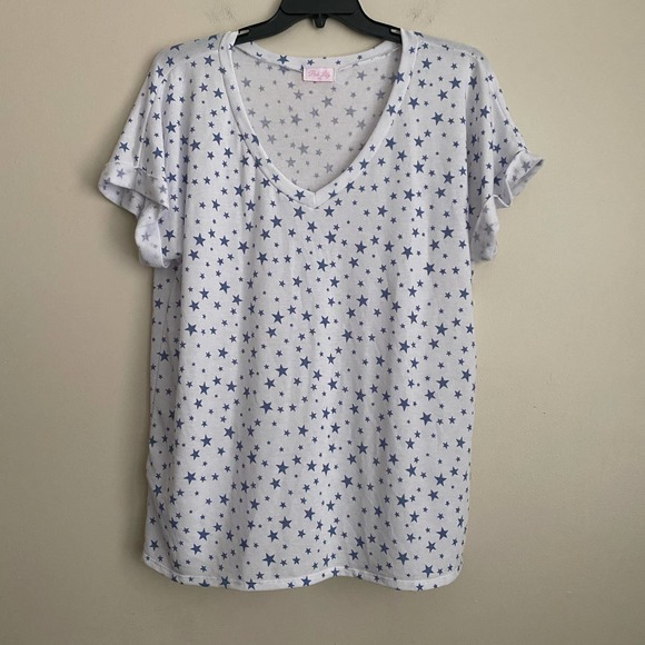 Pink Lily Tops - Pink Lily 2XL Plus White Blue Stars V-Neck Short Cuffed Sleeves Top